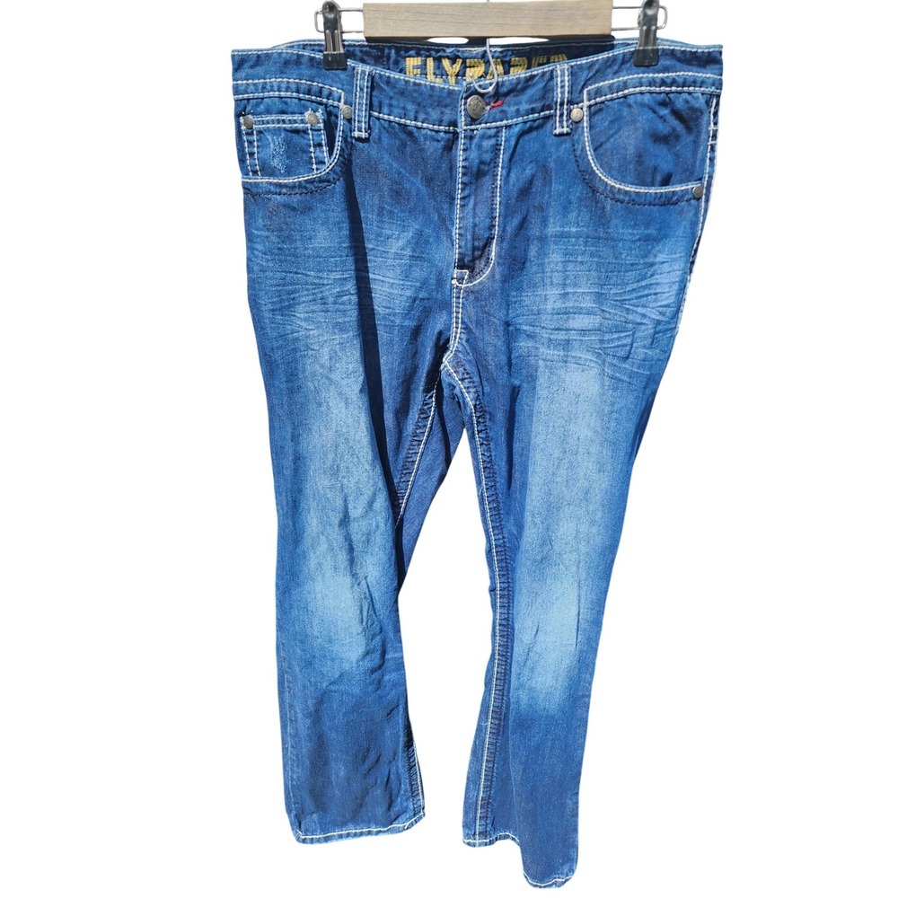 Flypaper Mens Straight Leg Jeans Blue Denim Contrast‎ Stitch W38 L32 38x32